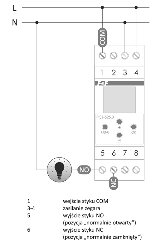 Zegar PZC-525.4 schemat podłączenia